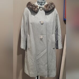 Vintage 50s Youthcraft Long Gray Wool Fur Trimmed Coat Satin Lined Big Buttons